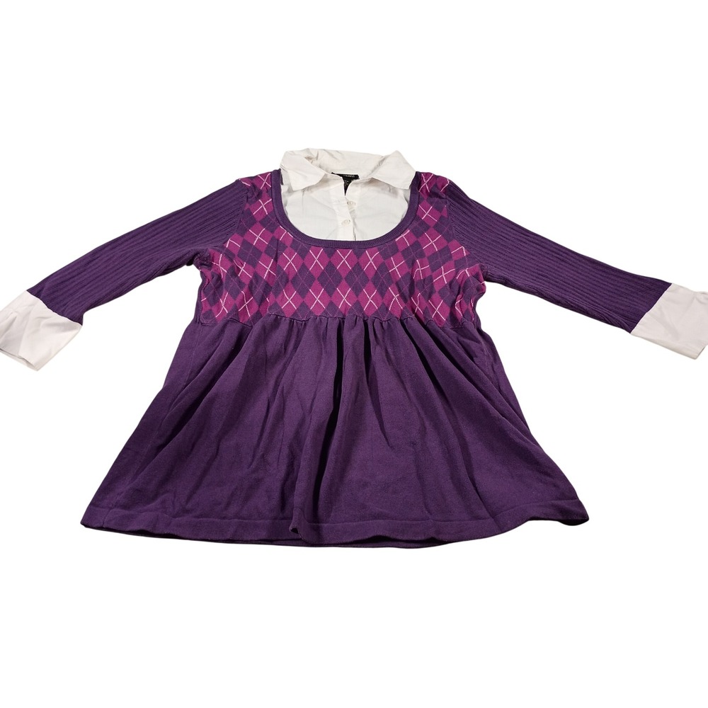 Lane Bryant Layered Top Women 18/20W Purple Argyle Peplum Knit Shirt